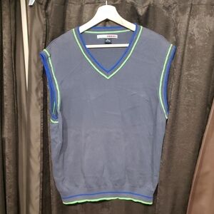 Grand Slam V-Neck Sweater Vest in Gray with Blue and Green Trim 100% Cottom XL